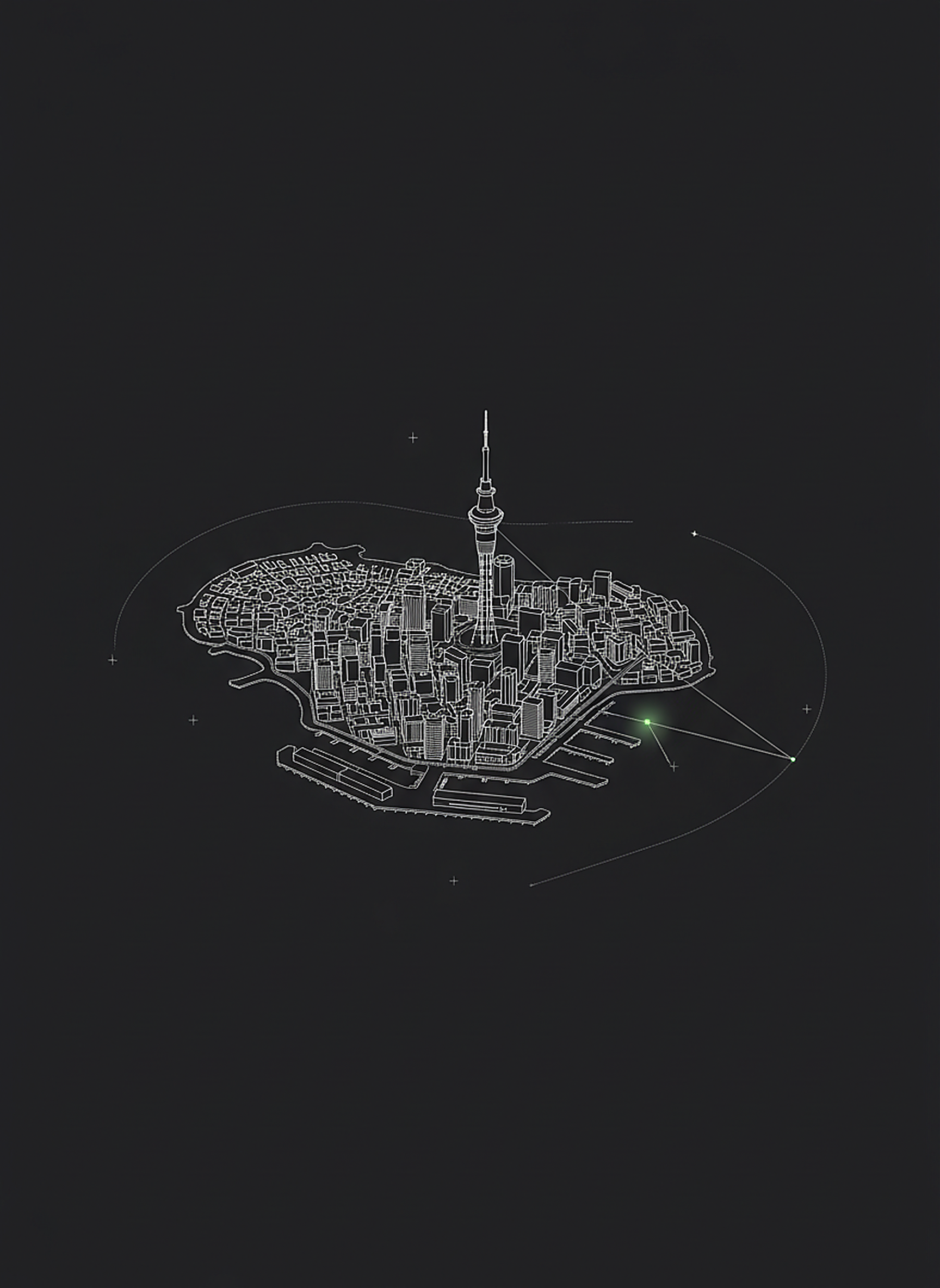 Line-art aerial of the Auckland CBD and Wynyard Quarter