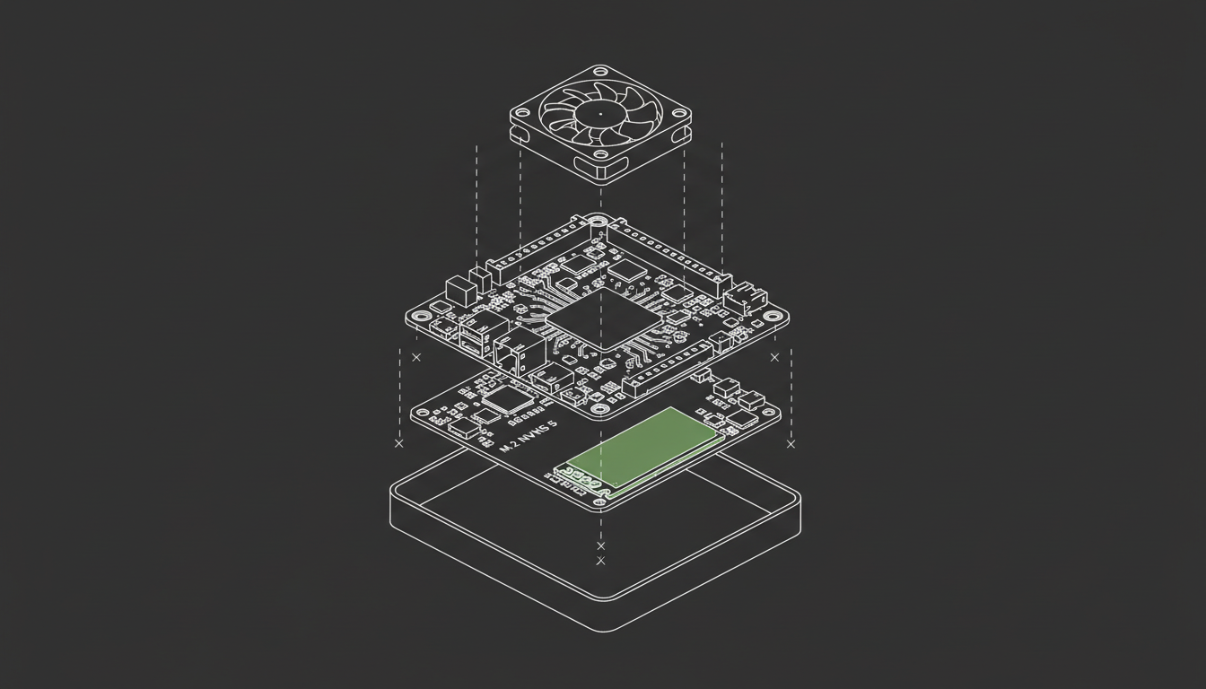 Exploded diagram of the Pi Command Server build: cooler, Pi 5 board, NVMe base and aluminium case